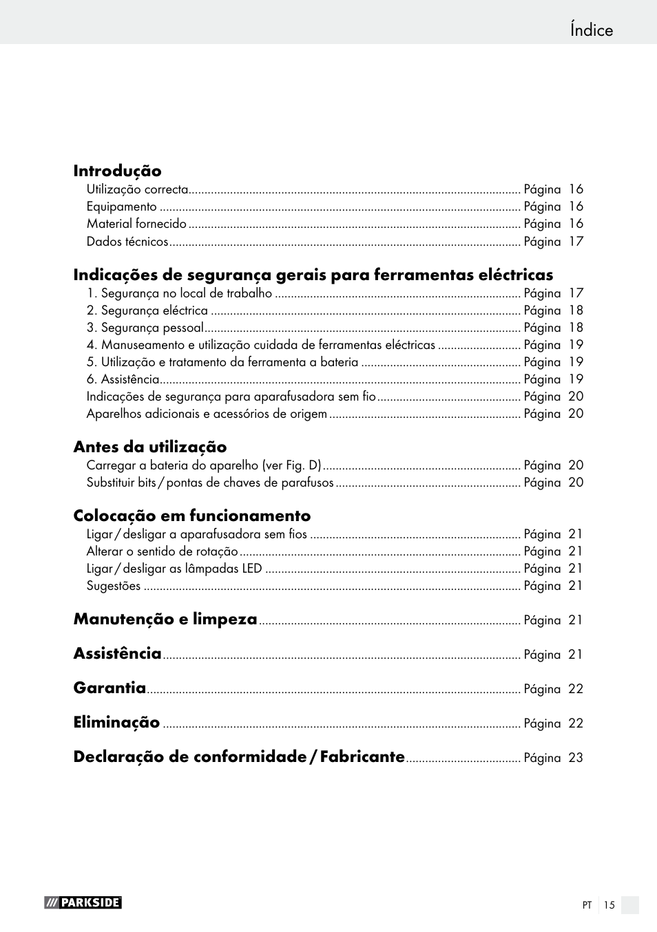 Índice | Parkside PAS 3.6 A1 User Manual | Page 15 / 42