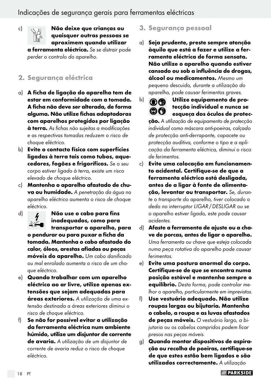 Segurança eléctrica, Segurança pessoal | Parkside PAS 3.6 A1 User Manual | Page 18 / 42