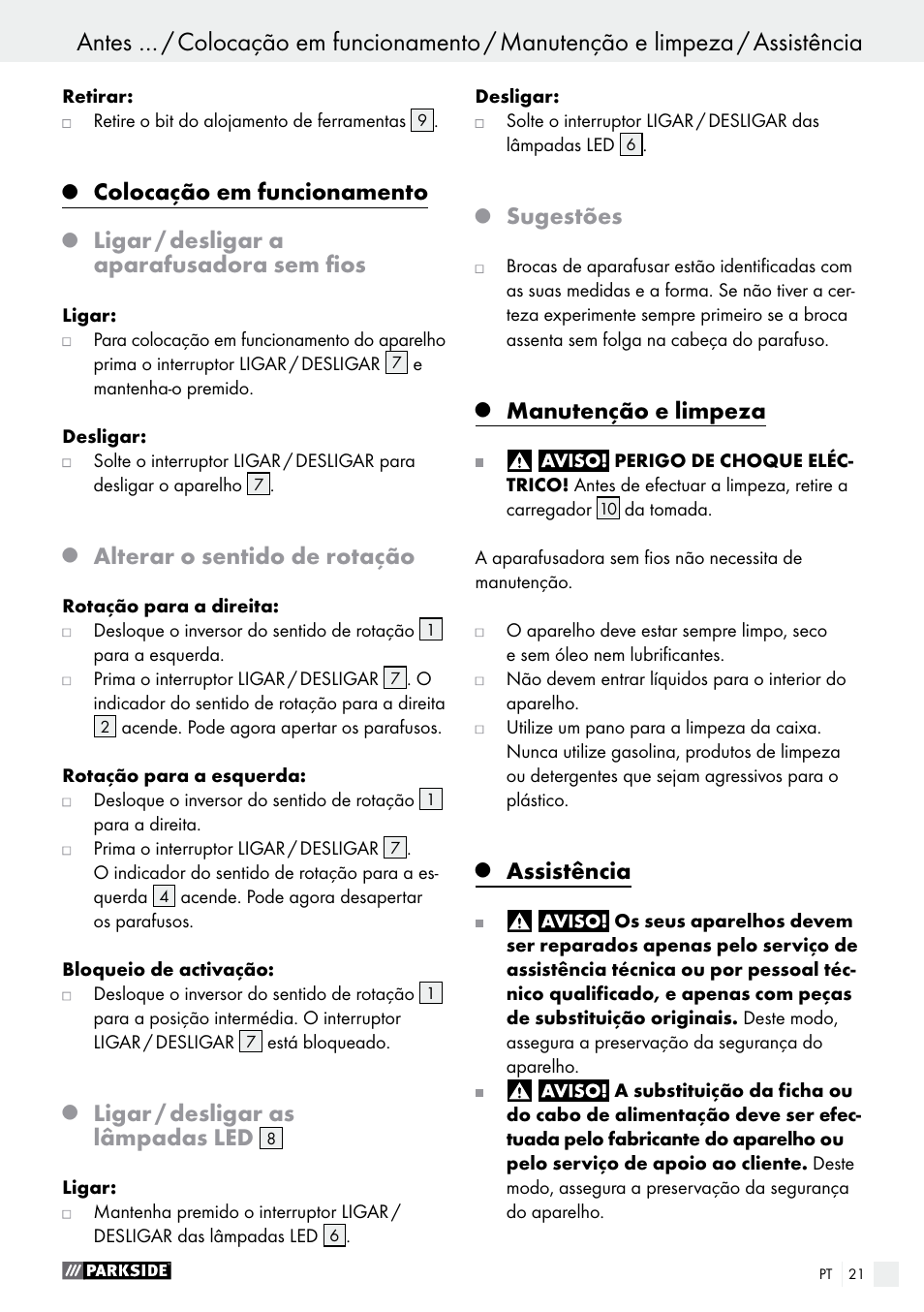 Colocação em funcionamento, Ligar / desligar a aparafusadora sem fios, Alterar o sentido de rotação | Ligar / desligar as lâmpadas led, Sugestões, Manutenção e limpeza, Assistência | Parkside PAS 3.6 A1 User Manual | Page 21 / 42