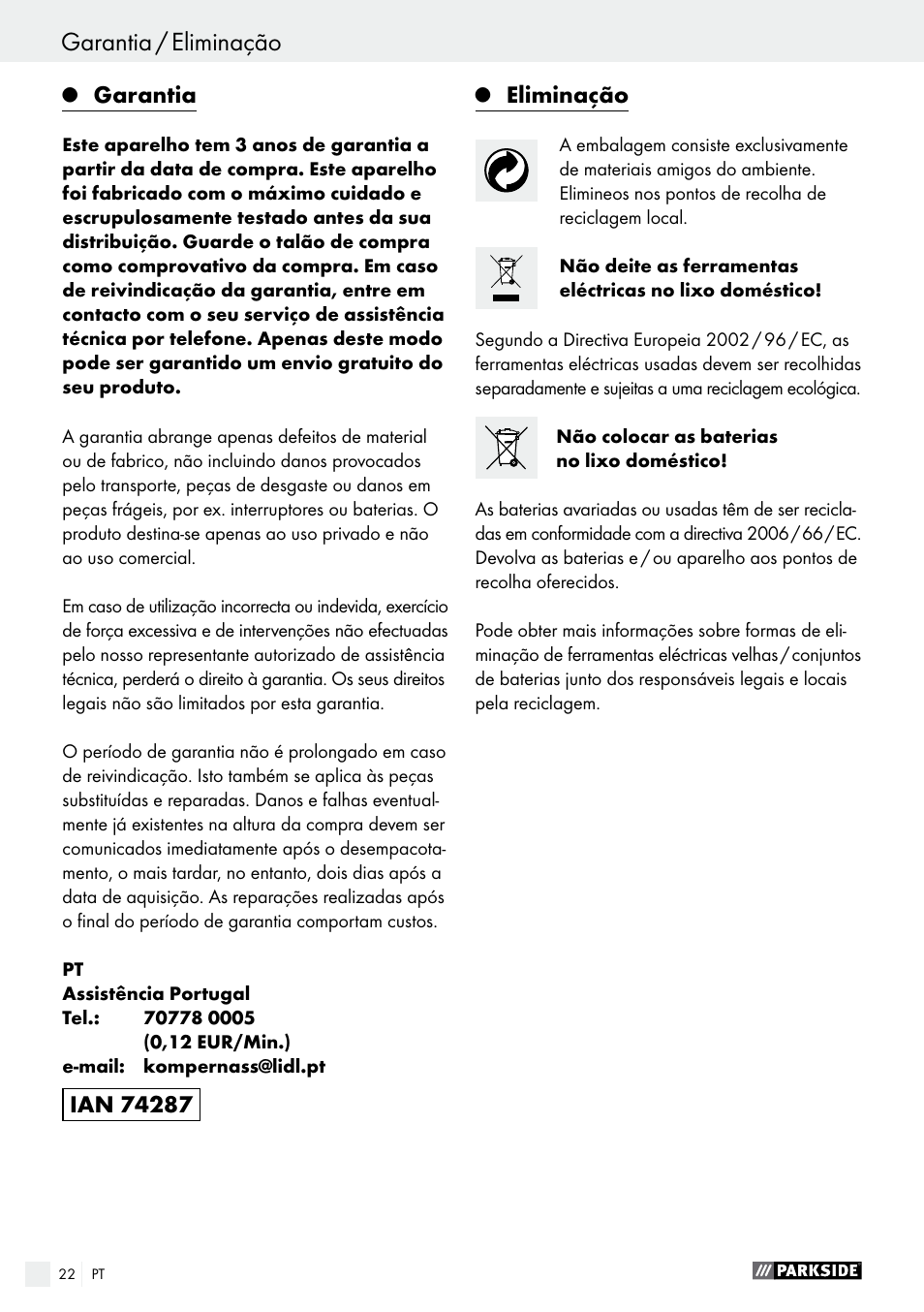 Garantia, Eliminação | Parkside PAS 3.6 A1 User Manual | Page 22 / 42
