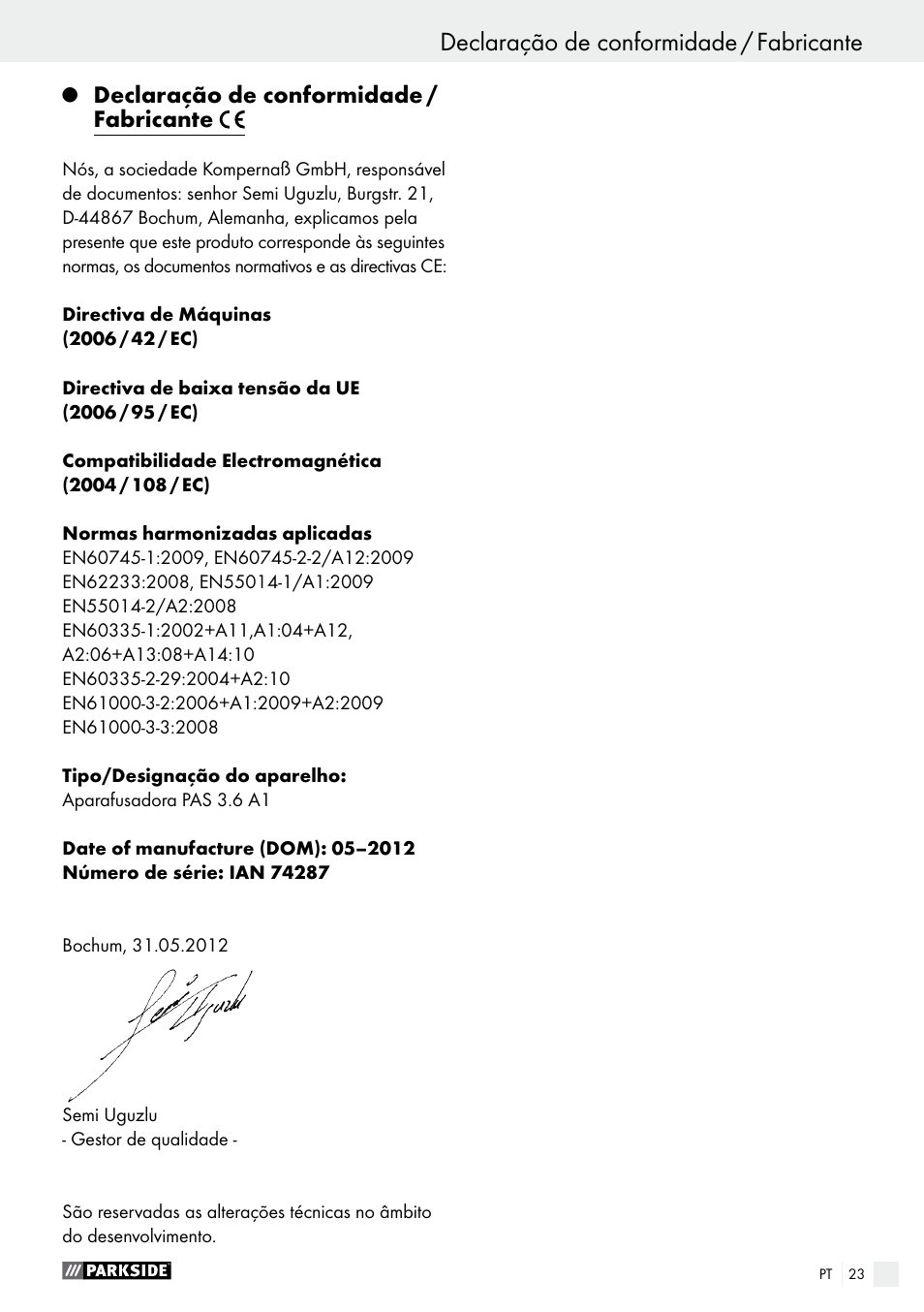 Declaração de conformidade / fabricante, Garantia / eliminação | Parkside PAS 3.6 A1 User Manual | Page 23 / 42