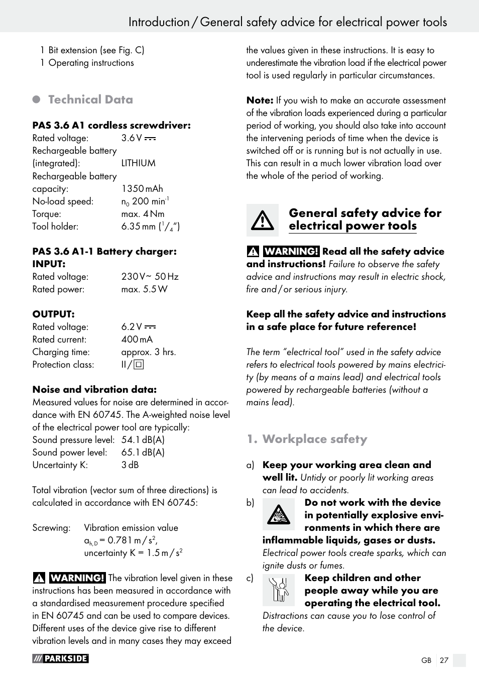 Technical data, General safety advice for electrical power tools, Workplace safety | Parkside PAS 3.6 A1 User Manual | Page 27 / 42