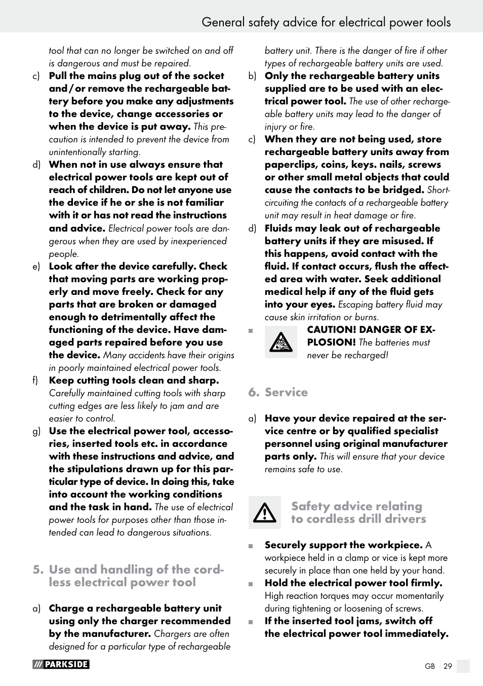 General safety advice for electrical power tools | Parkside PAS 3.6 A1 User Manual | Page 29 / 42