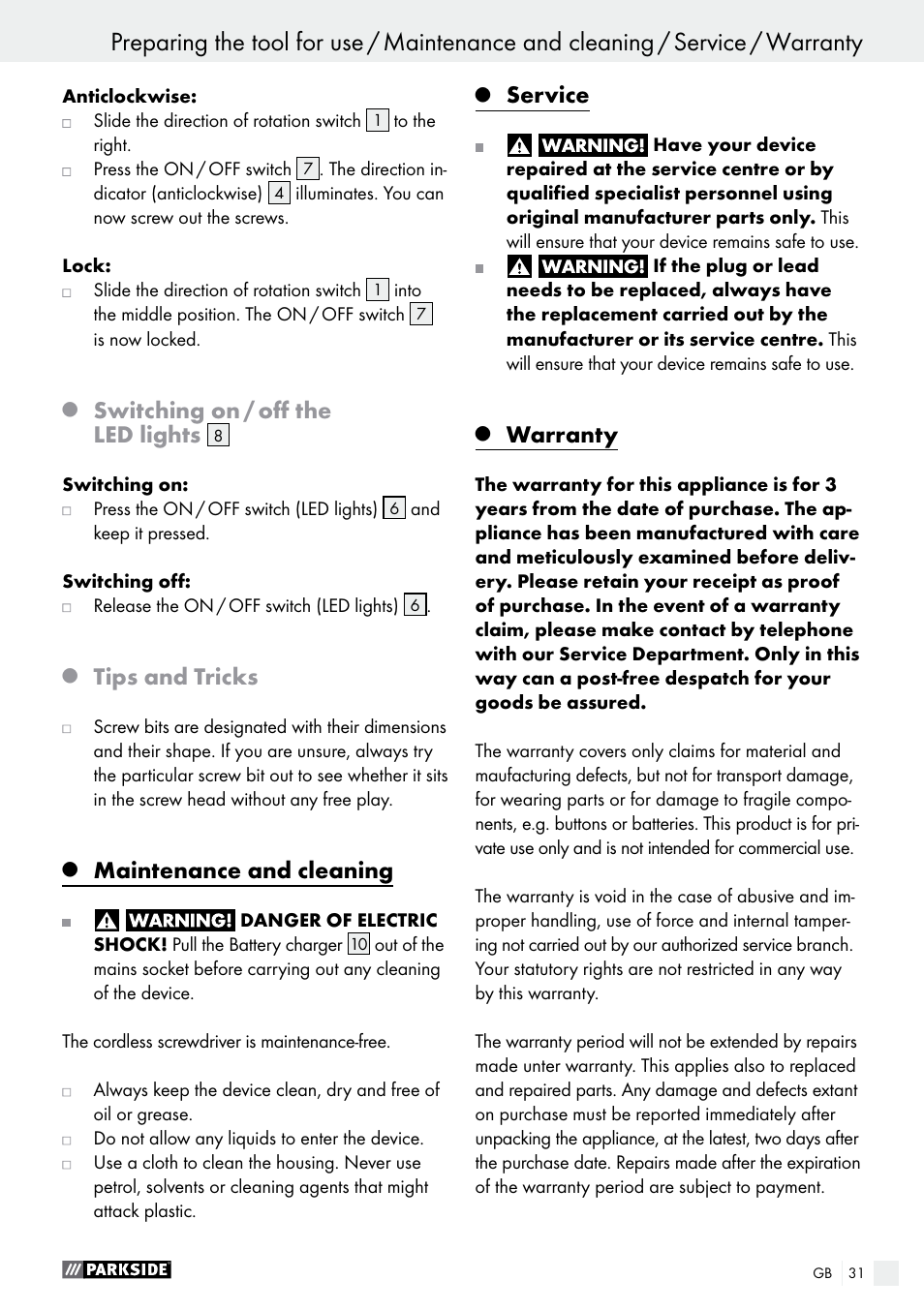 Switching on / off the led lights, Tips and tricks, Maintenance and cleaning | Service, Warranty | Parkside PAS 3.6 A1 User Manual | Page 31 / 42