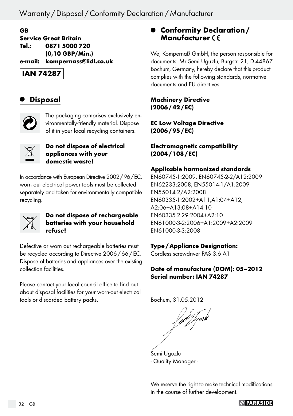 Disposal, Conformity declaration / manufacturer | Parkside PAS 3.6 A1 User Manual | Page 32 / 42