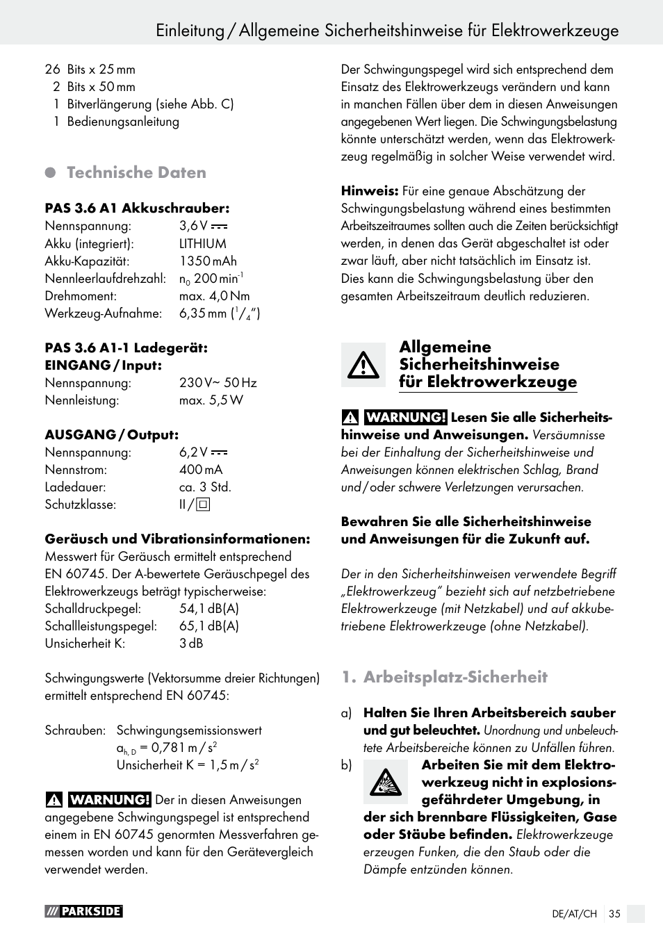Technische daten, Arbeitsplatz-sicherheit | Parkside PAS 3.6 A1 User Manual | Page 35 / 42