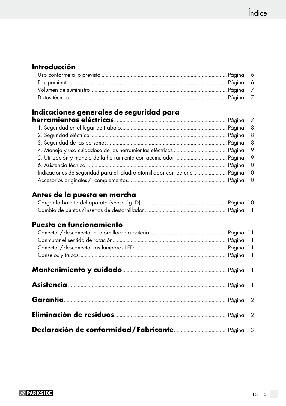 Índice | Parkside PAS 3.6 A1 User Manual | Page 5 / 42