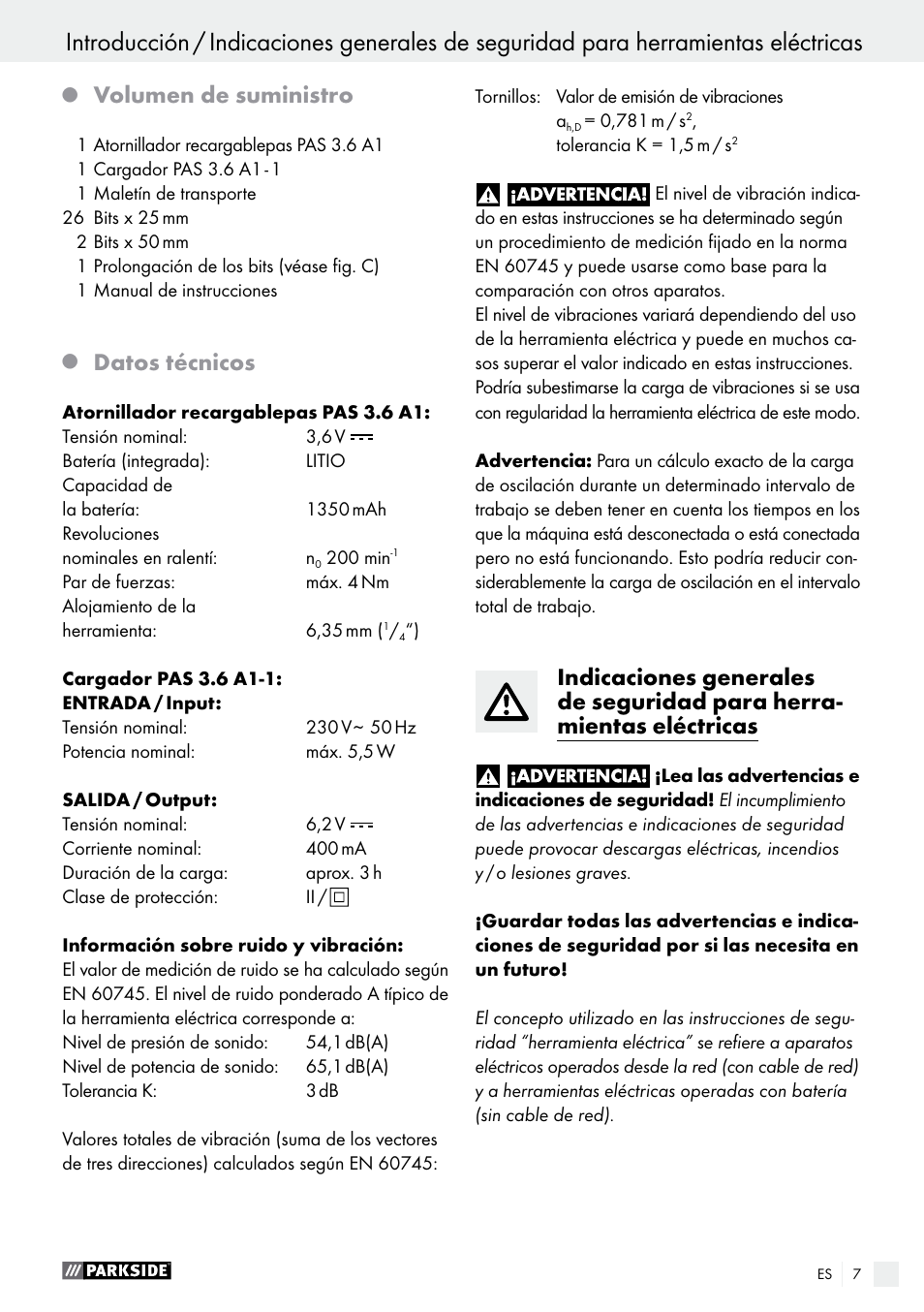 Volumen de suministro, Datos técnicos | Parkside PAS 3.6 A1 User Manual | Page 7 / 42