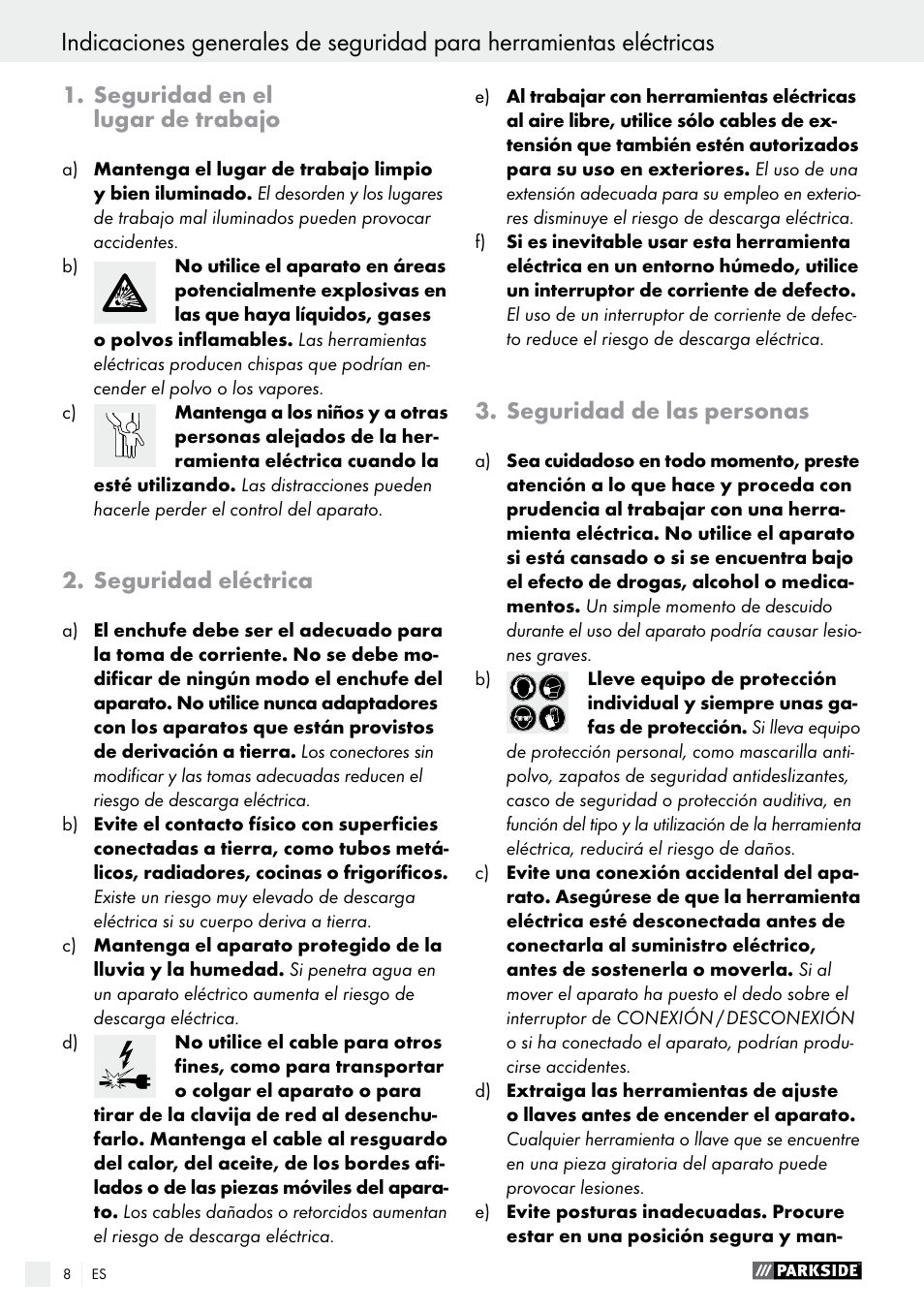 Seguridad en el lugar de trabajo, Seguridad eléctrica, Seguridad de las personas | Parkside PAS 3.6 A1 User Manual | Page 8 / 42