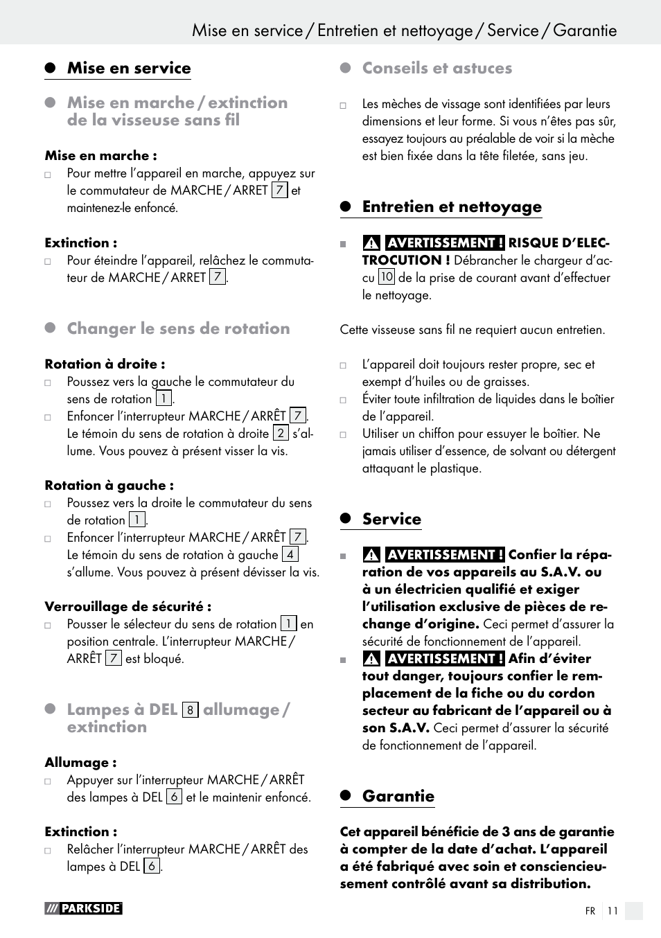 Mise en service, Changer le sens de rotation, Lampes à del | Allumage / extinction, Conseils et astuces, Entretien et nettoyage, Service, Garantie | Parkside PAS 3.6 A1 User Manual | Page 11 / 33