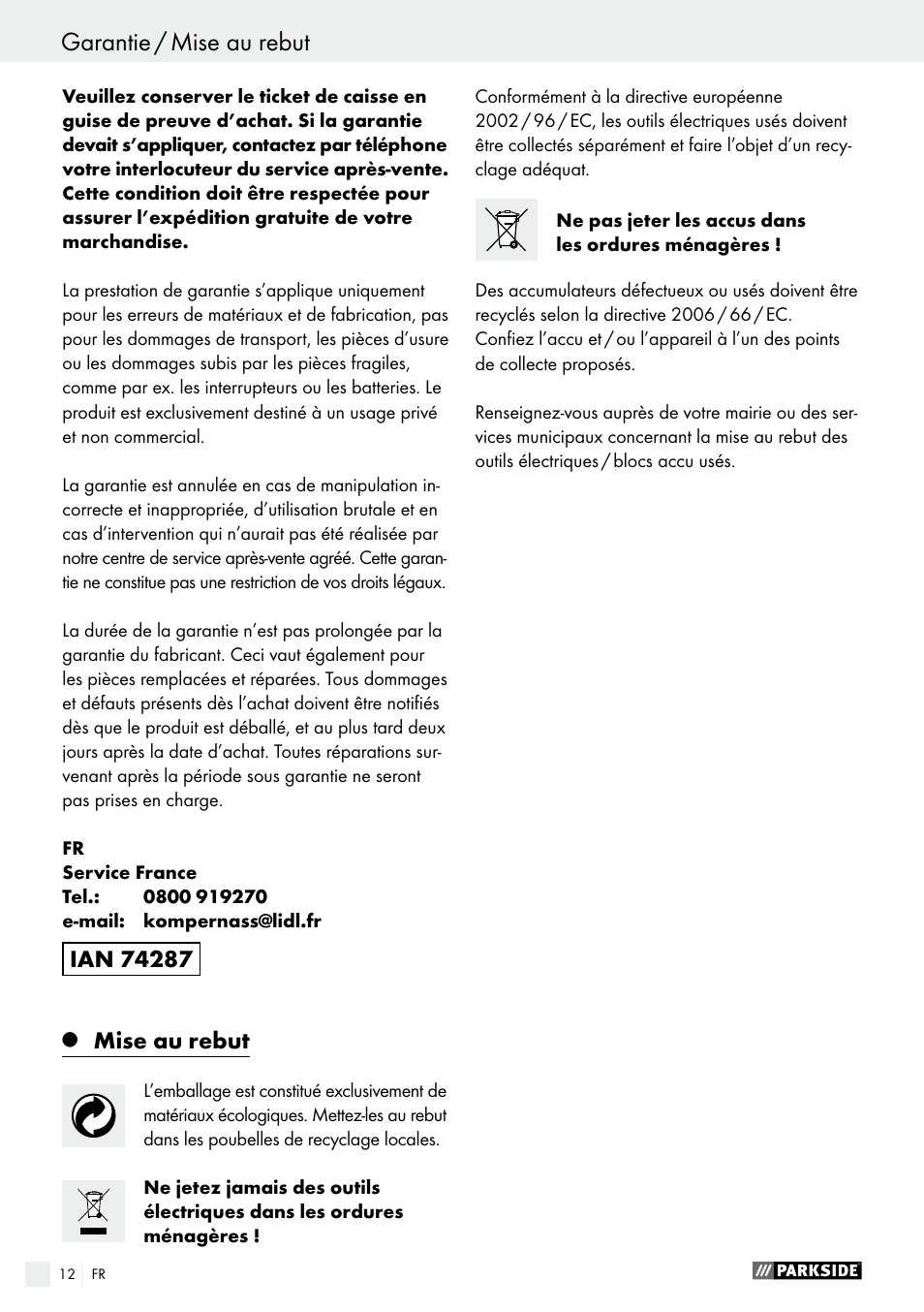 Déclaration de conformité / constructeur, Garantie / mise au rebut | Parkside PAS 3.6 A1 User Manual | Page 12 / 33