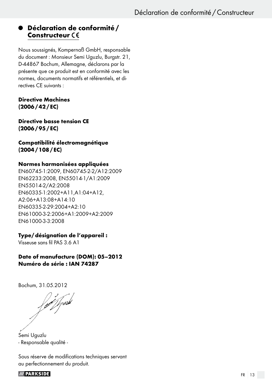 Déclaration de conformité / constructeur, Garantie / mise au rebut | Parkside PAS 3.6 A1 User Manual | Page 13 / 33