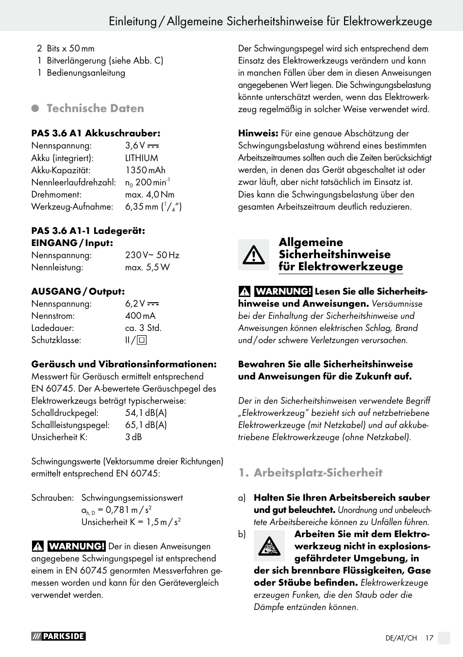 Einleitung, Technische daten, Arbeitsplatz-sicherheit | Parkside PAS 3.6 A1 User Manual | Page 17 / 33