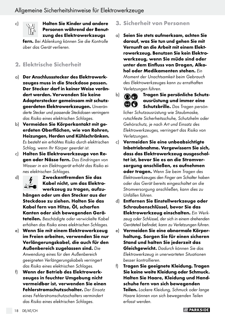 Elektrische sicherheit, Sicherheit von personen | Parkside PAS 3.6 A1 User Manual | Page 18 / 33