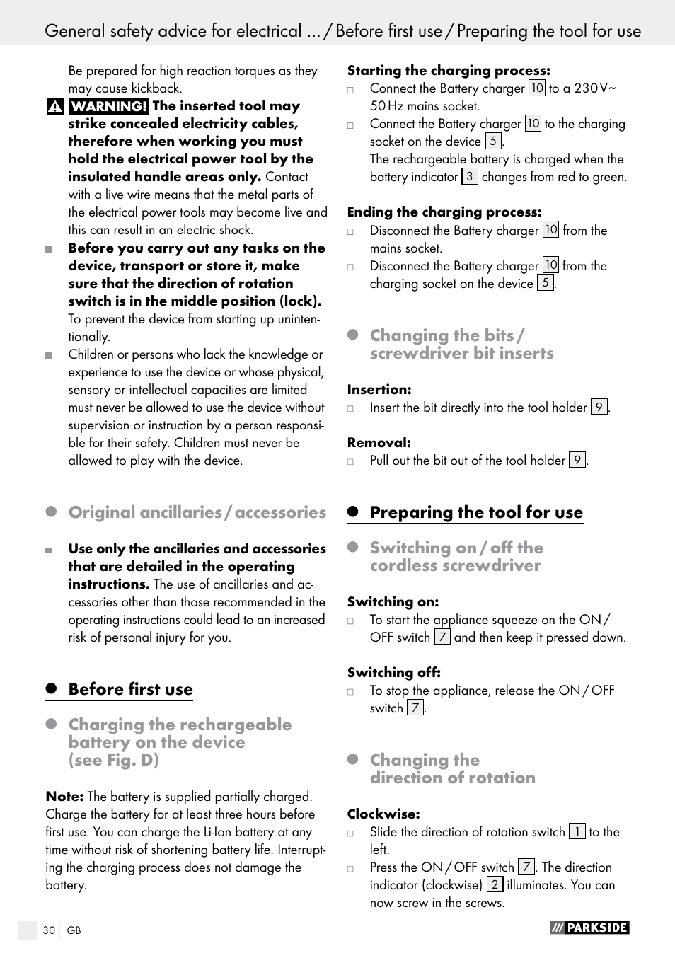 Original ancillaries / accessories, Before first use, Changing the bits / screwdriver bit inserts | Preparing the tool for use, Switching on / off the cordless screwdriver, Changing the direction of rotation | Parkside PAS 3.6 A1 User Manual | Page 30 / 33