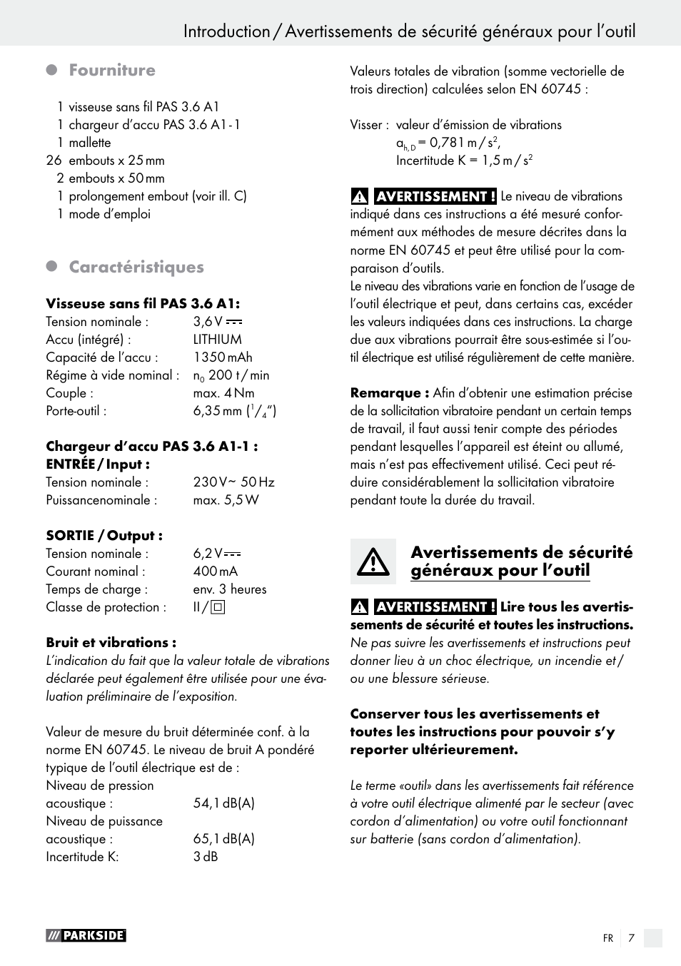 Fourniture, Caractéristiques, Avertissements de sécurité généraux pour l’outil | Parkside PAS 3.6 A1 User Manual | Page 7 / 33