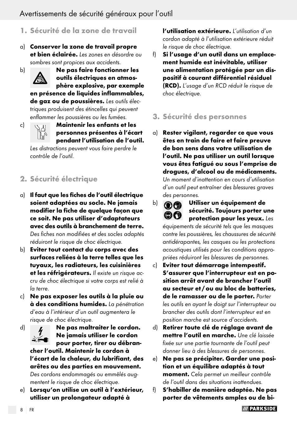Avertissements de sécurité généraux pour l’outil, Sécurité de la zone de travail, Sécurité électrique | Sécurité des personnes | Parkside PAS 3.6 A1 User Manual | Page 8 / 33