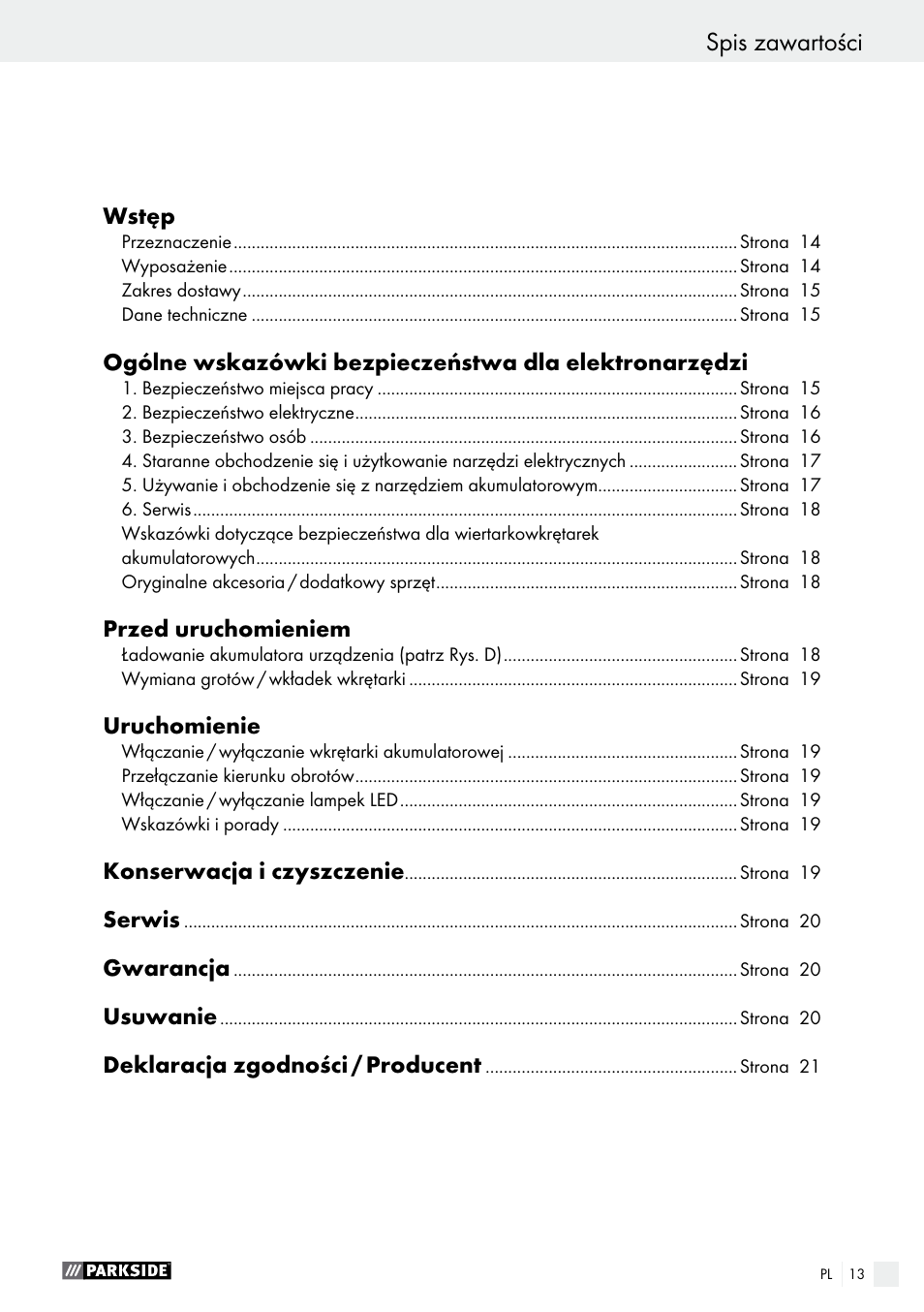 Spis zawartości | Parkside PAS 3.6 A1 User Manual | Page 13 / 58