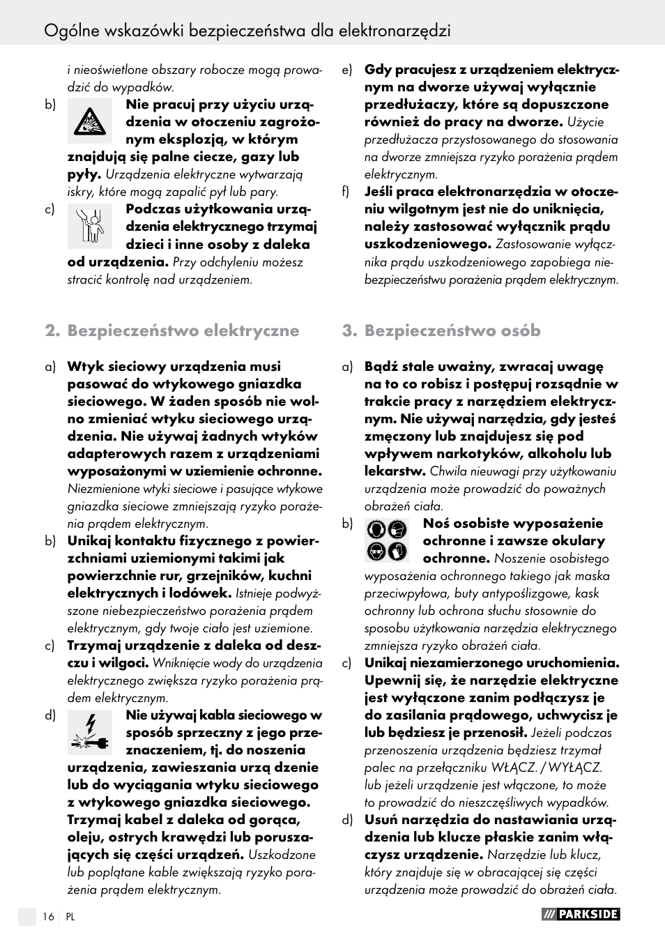 Bezpieczeństwo elektryczne, Bezpieczeństwo osób | Parkside PAS 3.6 A1 User Manual | Page 16 / 58