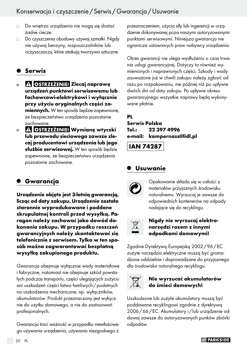 Serwis, Gwarancja, Usuwanie | Parkside PAS 3.6 A1 User Manual | Page 20 / 58