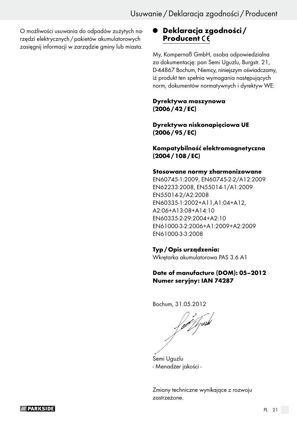 Deklaracja zgodności / producent | Parkside PAS 3.6 A1 User Manual | Page 21 / 58