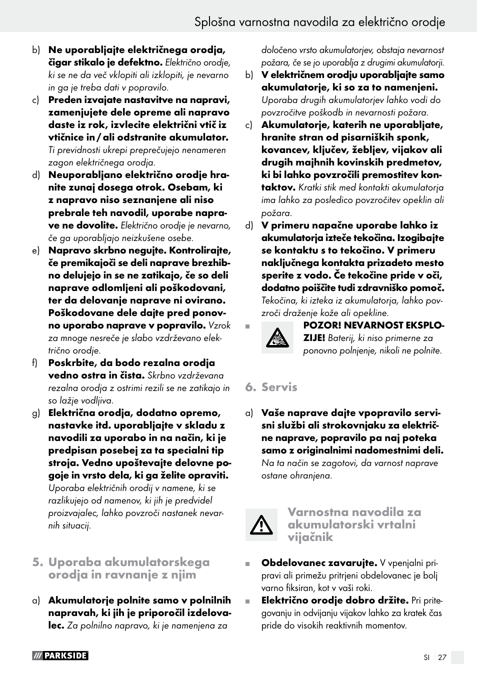 Splošna varnostna navodila za električno orodje | Parkside PAS 3.6 A1 User Manual | Page 27 / 58