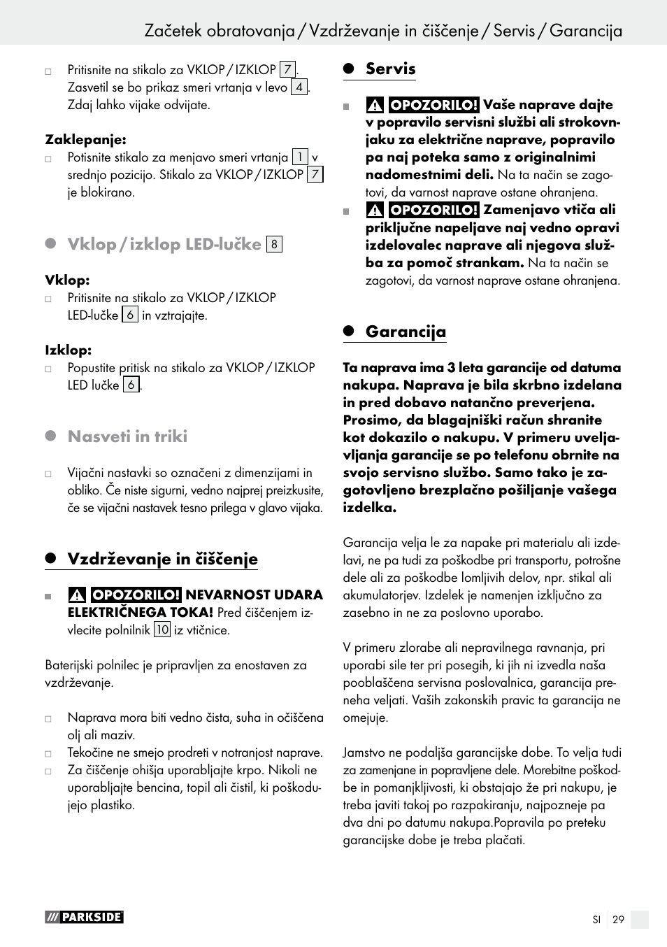 Vklop / izklop led-lučke, Nasveti in triki, Vzdrževanje in čiščenje | Servis, Garancija | Parkside PAS 3.6 A1 User Manual | Page 29 / 58
