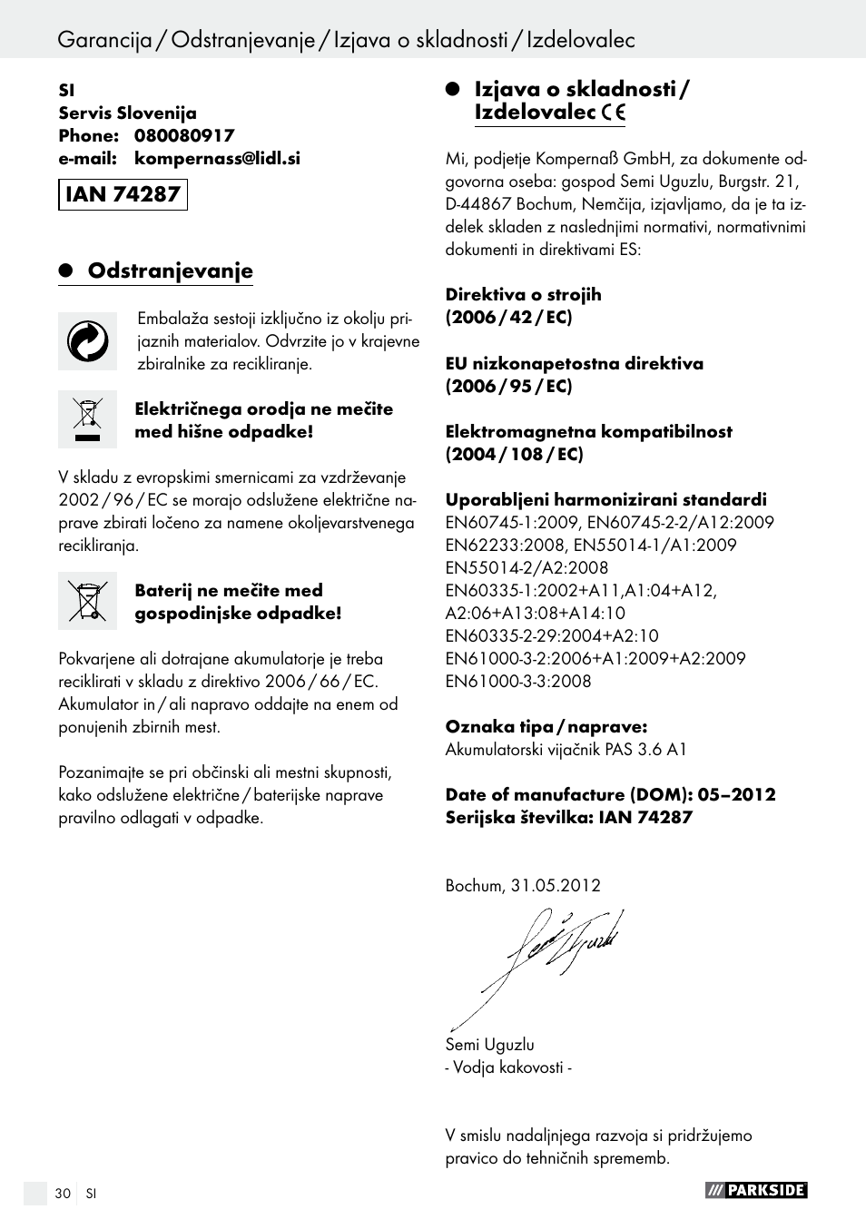 Odstranjevanje, Izjava o skladnosti / izdelovalec | Parkside PAS 3.6 A1 User Manual | Page 30 / 58