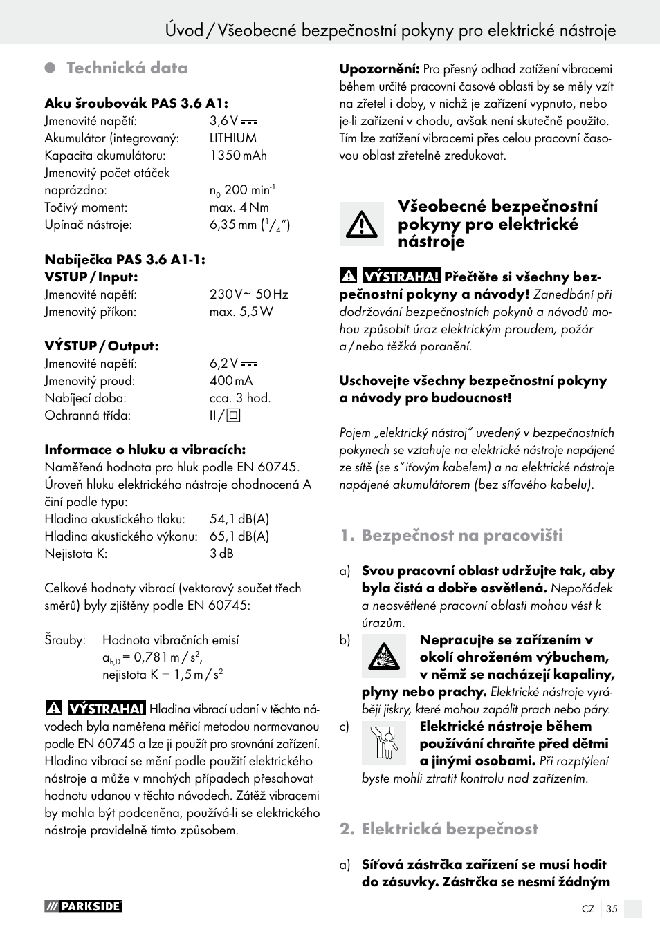 Technická data, Bezpečnost na pracovišti, Elektrická bezpečnost | Parkside PAS 3.6 A1 User Manual | Page 35 / 58