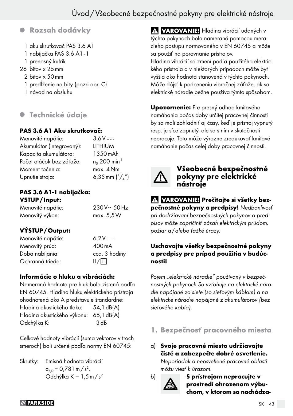 Rozsah dodávky, Technické údaje, Bezpečnosť pracovného miesta | Parkside PAS 3.6 A1 User Manual | Page 43 / 58
