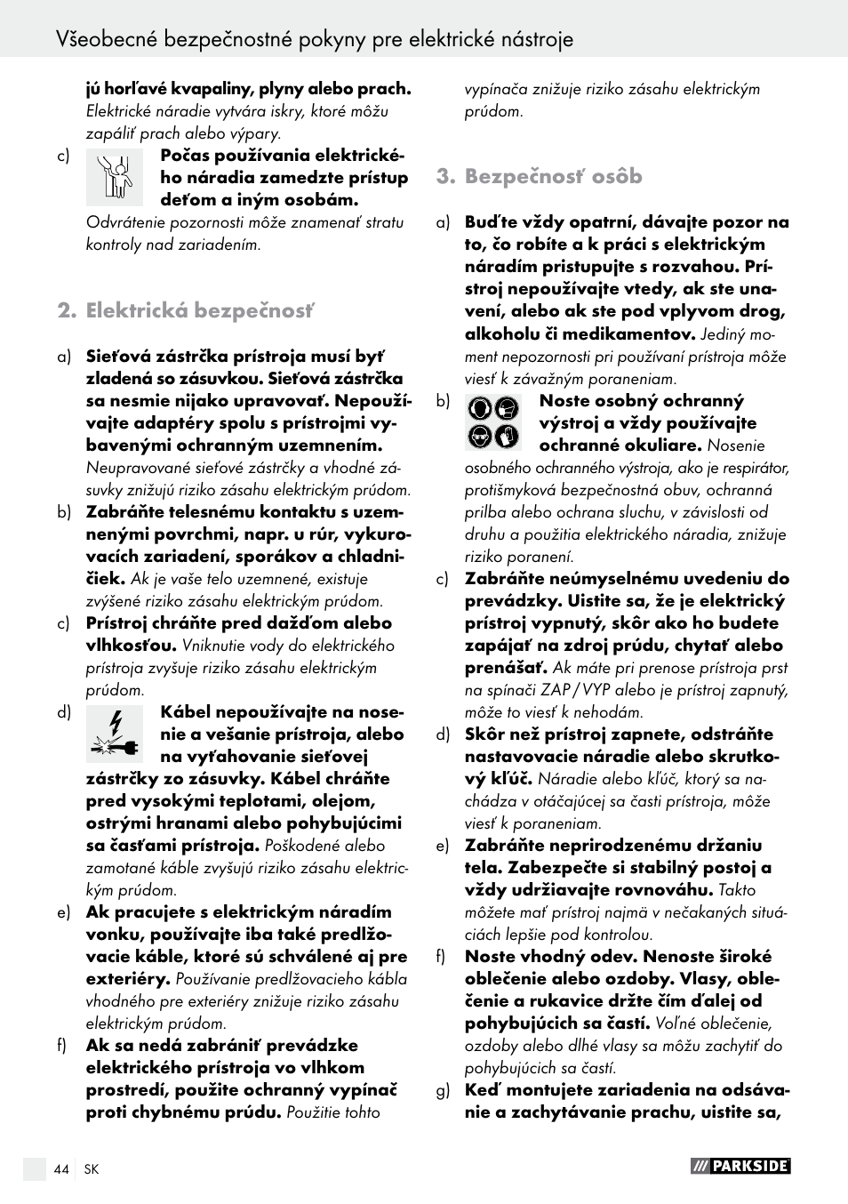 Elektrická bezpečnosť, Bezpečnosť osôb | Parkside PAS 3.6 A1 User Manual | Page 44 / 58