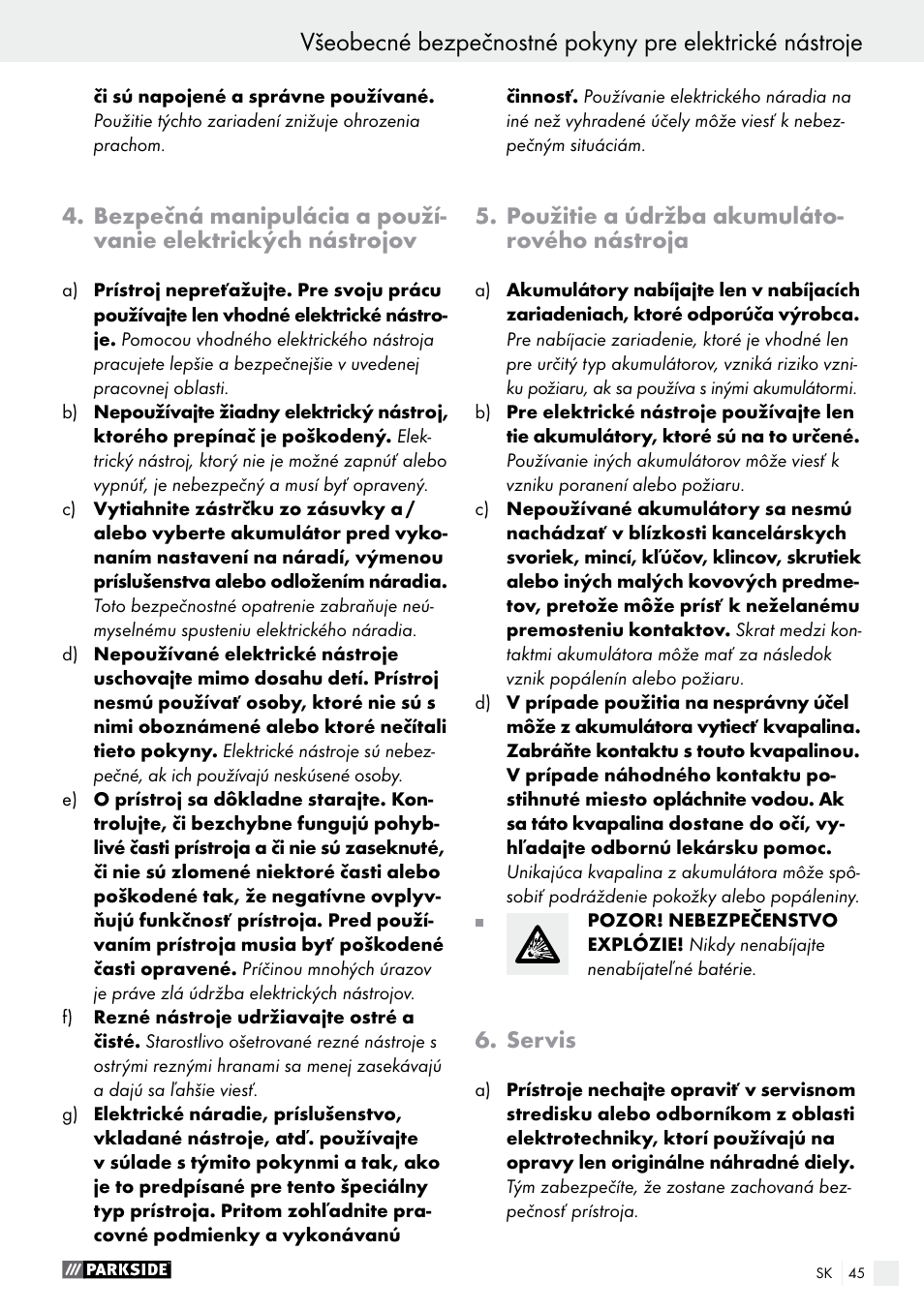 Použitie a údržba akumuláto- rového nástroja, Servis | Parkside PAS 3.6 A1 User Manual | Page 45 / 58