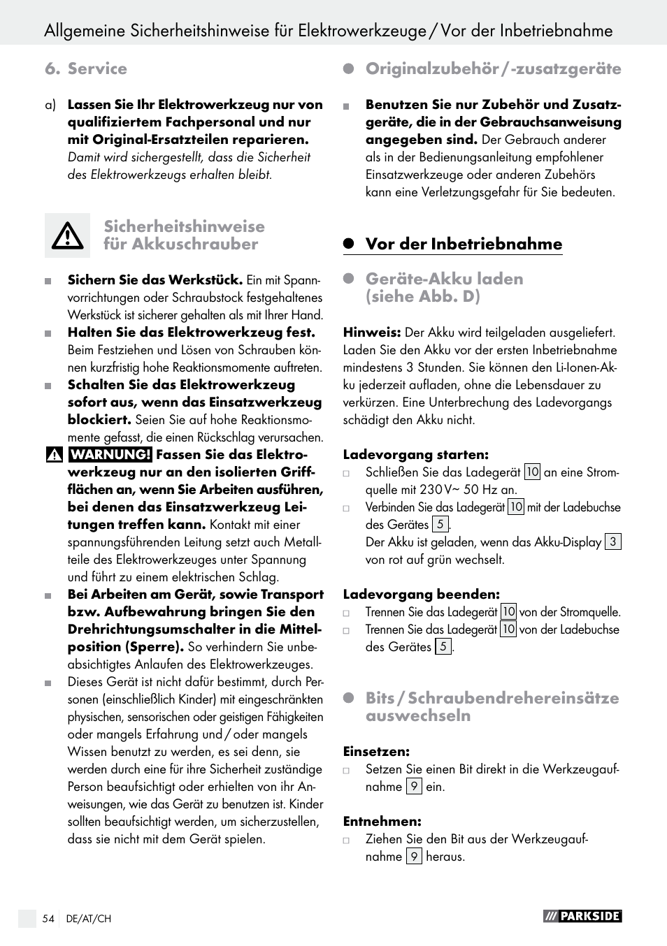 Service, Sicherheitshinweise für akkuschrauber, Originalzubehör / -zusatzgeräte | Vor der, Inbetriebnahme, Geräte-akku laden (siehe abb. d), Bits / schraubendrehereinsätze auswechseln | Parkside PAS 3.6 A1 User Manual | Page 54 / 58