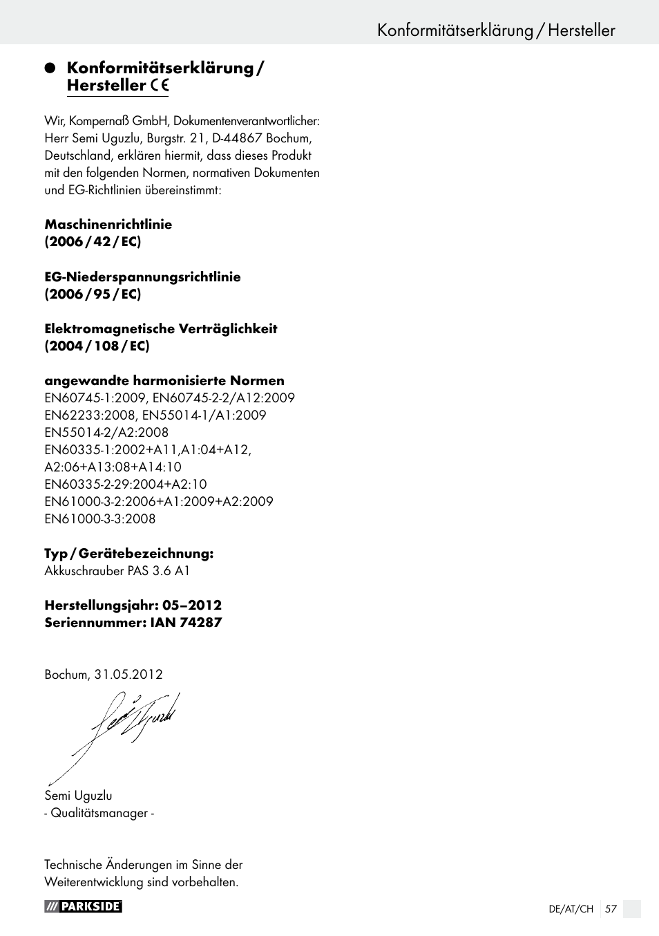 Konformitätserklärung / hersteller | Parkside PAS 3.6 A1 User Manual | Page 57 / 58