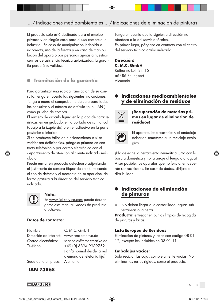 Tramitación de la garantía, Indicaciones de eliminación de pinturas | Parkside PABK 60 A1 User Manual | Page 13 / 45