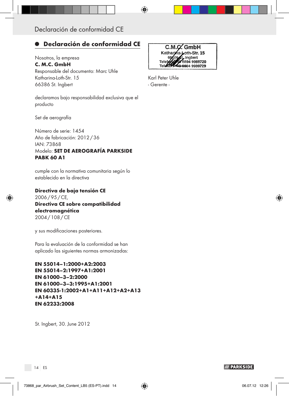 Declaración de conformidad ce, Índice | Parkside PABK 60 A1 User Manual | Page 14 / 45