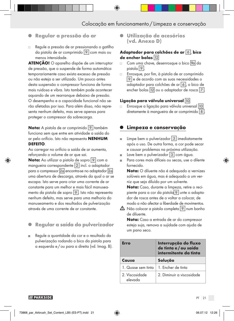 Regular a pressão do ar, Regular a saída do pulverizador, Utilização de acesórios (vd. anexo d) | Limpeza e conservação | Parkside PABK 60 A1 User Manual | Page 21 / 45