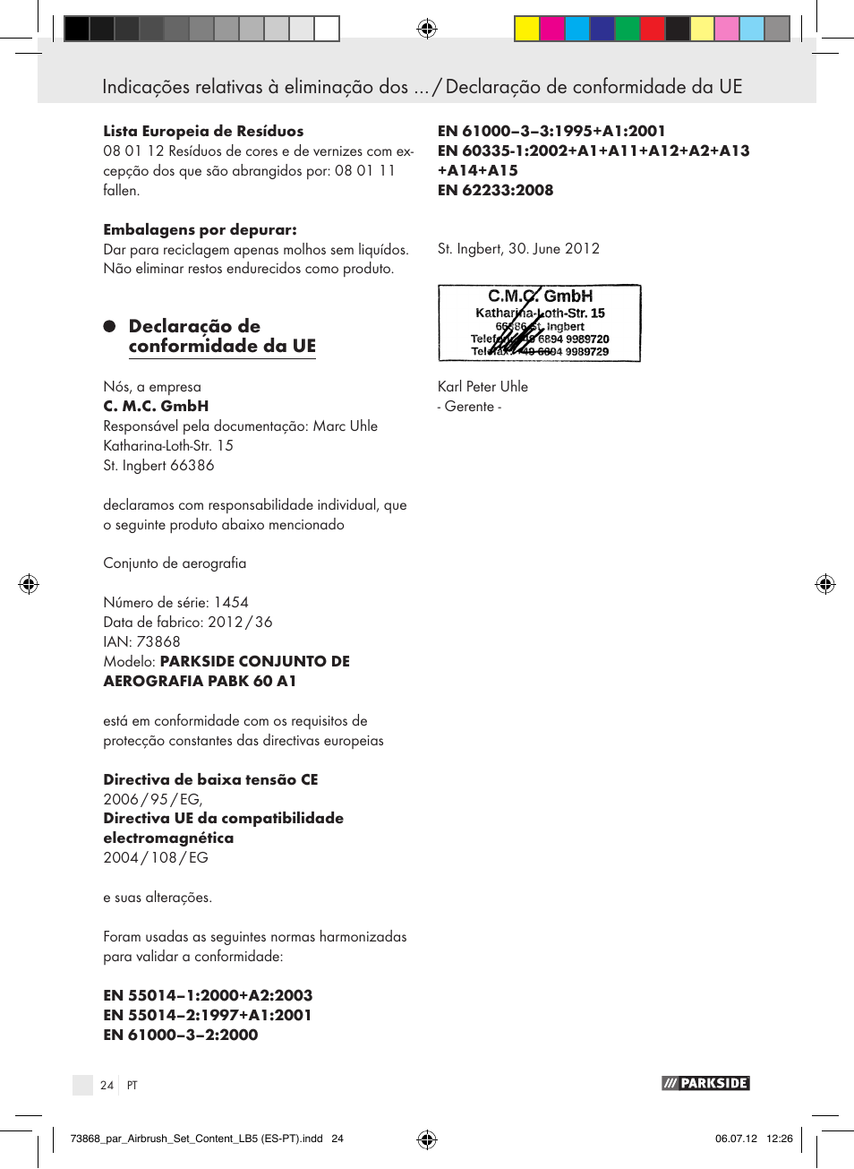 Declaração de conformidade da ue | Parkside PABK 60 A1 User Manual | Page 24 / 45