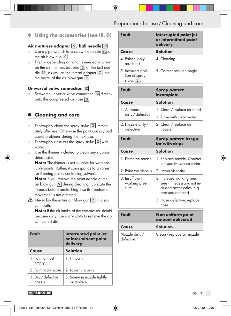 Using the accessories (see ill. d), Cleaning and care | Parkside PABK 60 A1 User Manual | Page 31 / 45