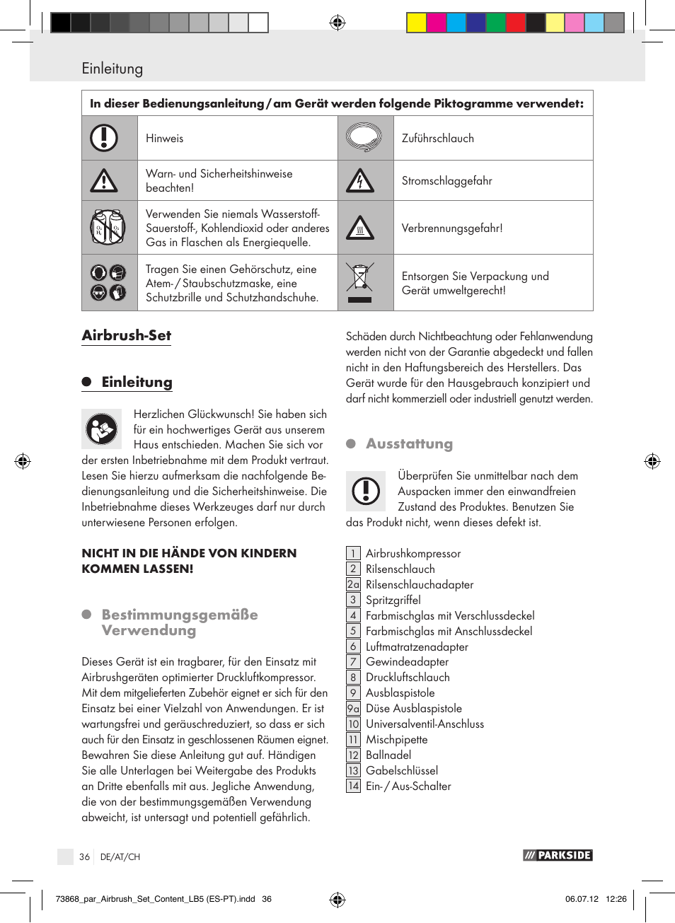 Einleitung, Airbrush-set einleitung, Bestimmungsgemäße verwendung | Ausstattung | Parkside PABK 60 A1 User Manual | Page 36 / 45