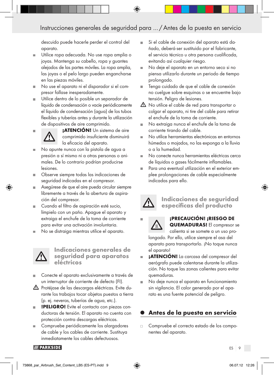 Indicaciones de seguridad específicas del producto, Antes de la puesta en servicio | Parkside PABK 60 A1 User Manual | Page 9 / 45