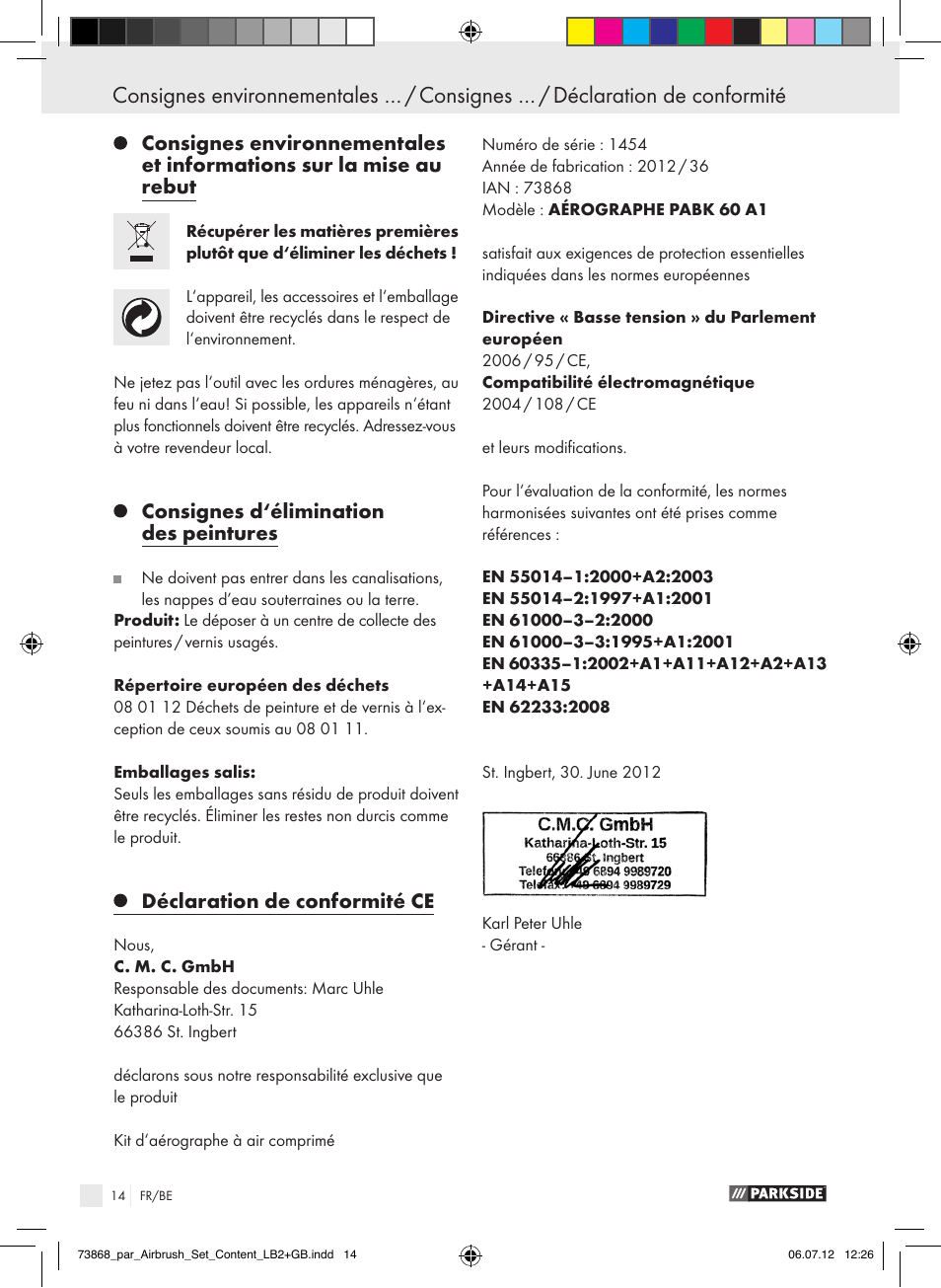 Inhoudsopgave | Parkside PABK 60 A1 User Manual | Page 14 / 44