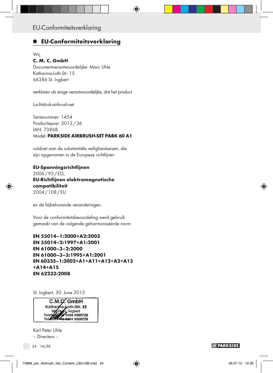 Inhaltsverzeichnis eu-conformiteitsverklaring, Eu-conformiteitsverklaring | Parkside PABK 60 A1 User Manual | Page 24 / 44