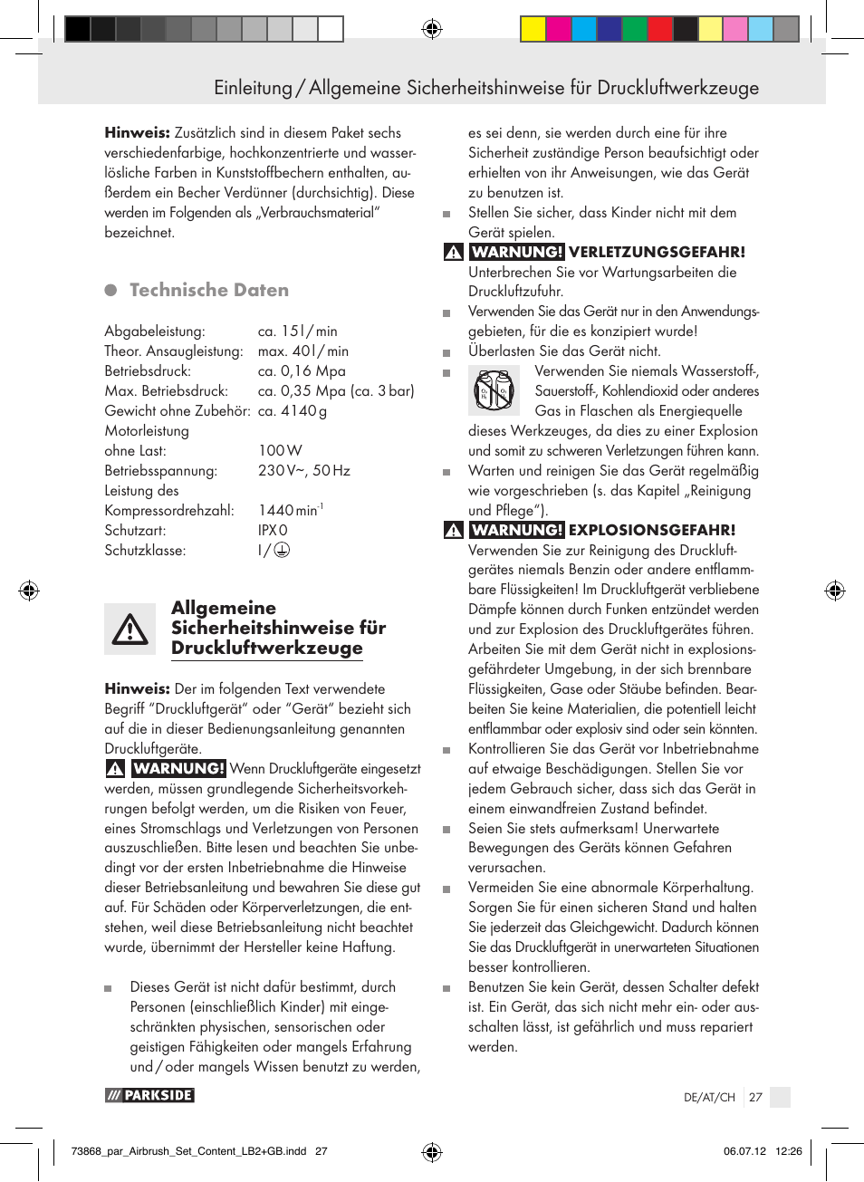 Technische daten | Parkside PABK 60 A1 User Manual | Page 27 / 44