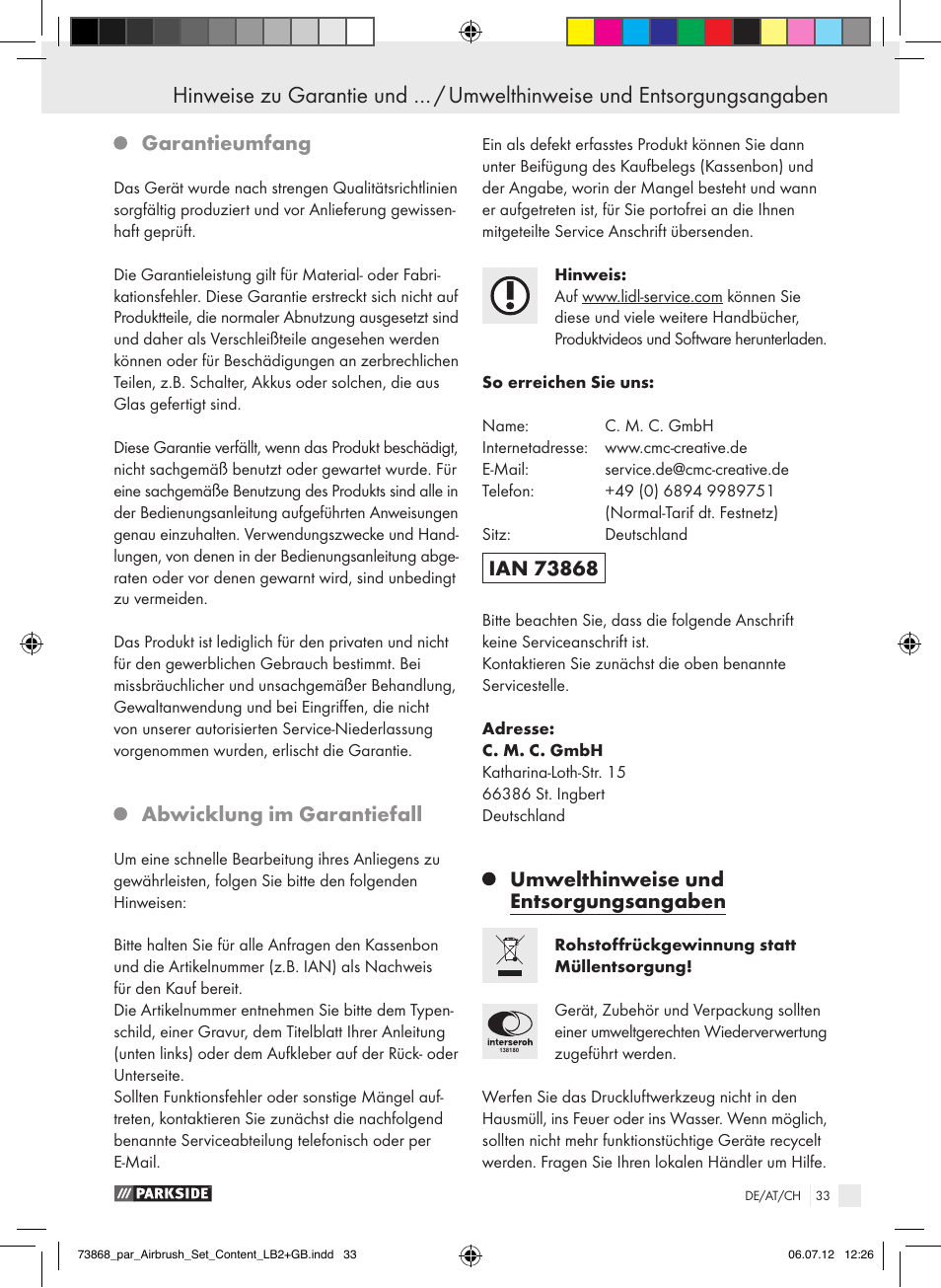 Garantieumfang, Abwicklung im garantiefall, Umwelthinweise und entsorgungsangaben | Parkside PABK 60 A1 User Manual | Page 33 / 44