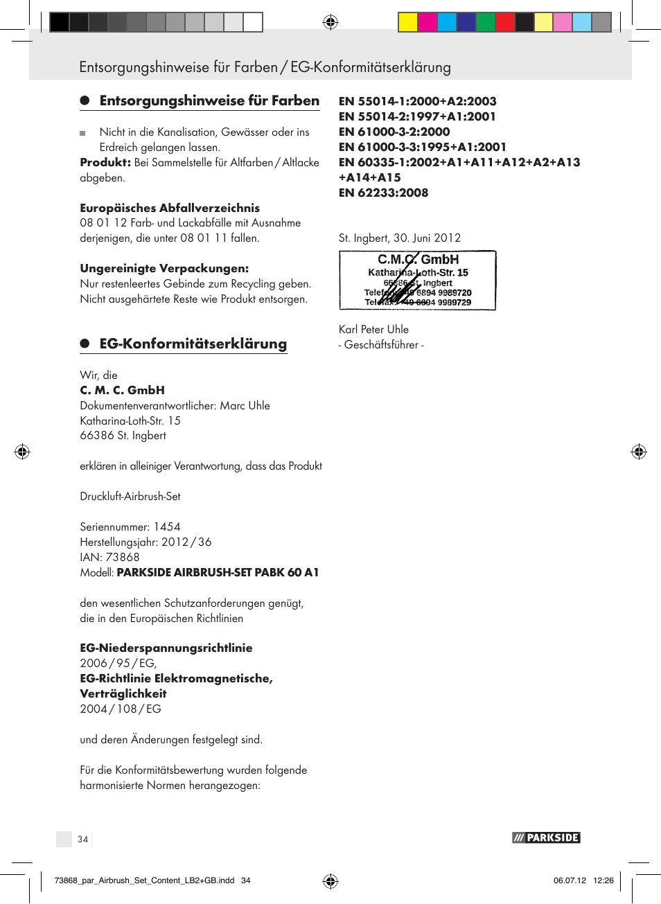 Entsorgungshinweise für farben, Eg-konformitätserklärung | Parkside PABK 60 A1 User Manual | Page 34 / 44