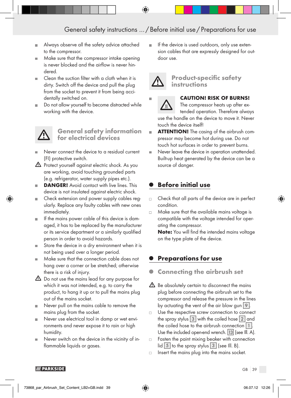 General safety information for electrical devices, Product-specific safety instructions, Before initial use | Preparations for use connecting the airbrush set | Parkside PABK 60 A1 User Manual | Page 39 / 44