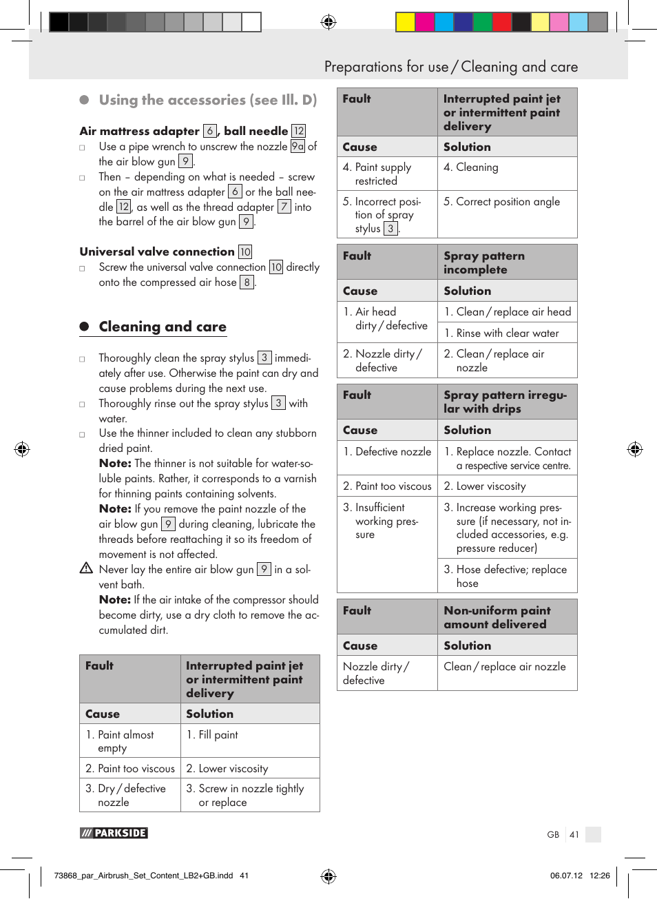 Preparations for use / cleaning and care, Preparations for use, Using the accessories (see ill. d) | Cleaning and care | Parkside PABK 60 A1 User Manual | Page 41 / 44