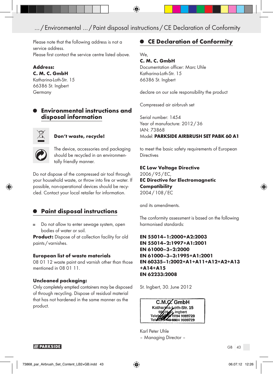 Paint disposal instructions, Ce declaration of conformity | Parkside PABK 60 A1 User Manual | Page 43 / 44
