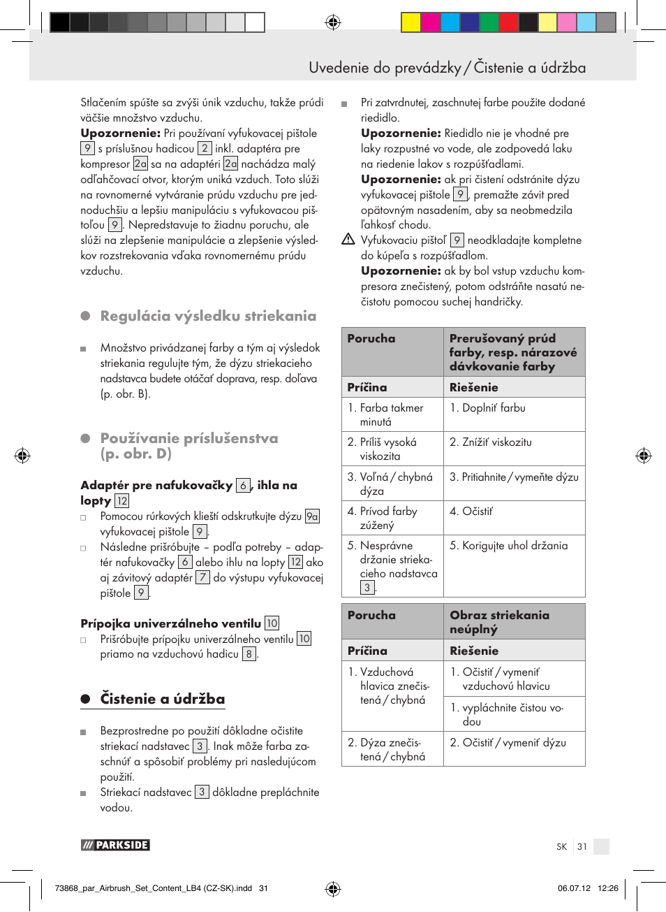 Regulácia výsledku striekania, Používanie príslušenstva (p. obr. d), Čistenie a údržba | Parkside PABK 60 A1 User Manual | Page 31 / 45